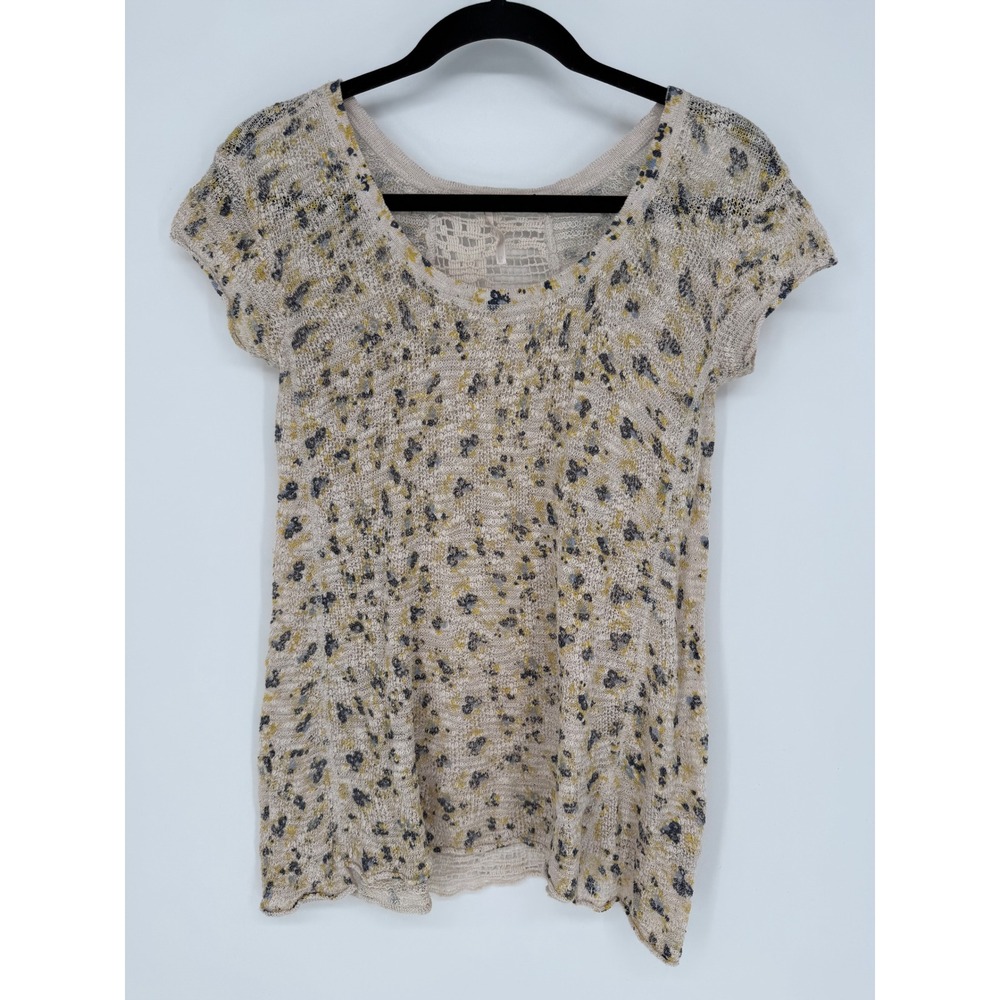 FREE PEOPLE DITSY TEE BLUE YELLOW FLORAL CROCHET KNIT BACK LOOSE KNIT XS